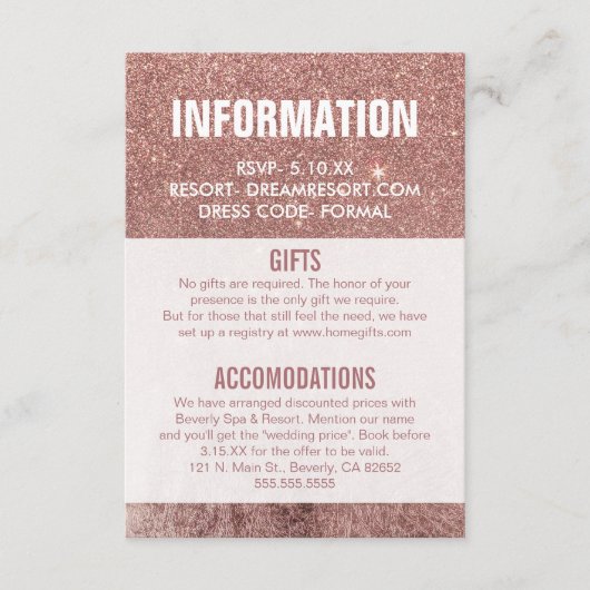 Girly Modern Roos Gouden Glitter Bruiloft Informat Informatiekaartje (Voorkant)