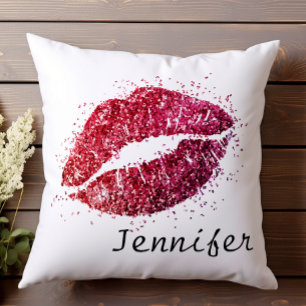 Girly Modern Roze Rood Glitter Kiss Lips Kussen