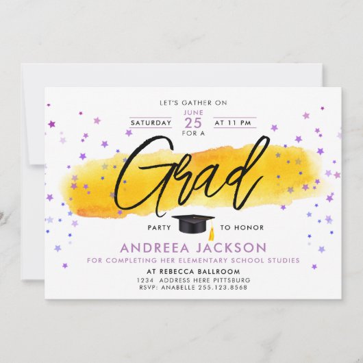Girly Modern Roze Sterren Geel Afstuderen Waterver Kaart (Voorkant)