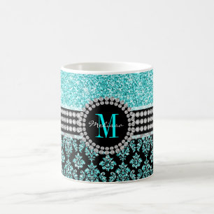 Girly Monogram Aqua Blue Glitter Damask Name Koffiemok