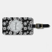 Girly Monogram Black White Daisy Flowers met naam Bagagelabel (Voorkant horizontaal)