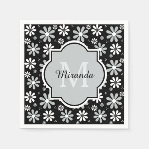 Girly Monogram Black White Daisy Flowers met naam Servetten