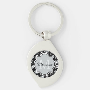 Girly Monogram Black White Daisy Flowers met naam Sleutelhanger