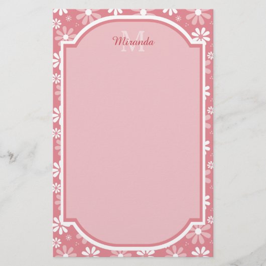 Girly Monogram Cute Pink Daisy Flowers met naam Briefpapier (Voorkant)