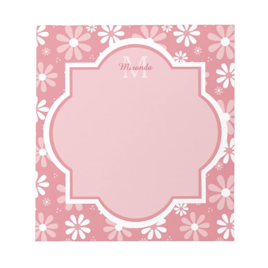 Girly Monogram Cute Pink Daisy Flowers met naam Notitieblok (Voorkant)