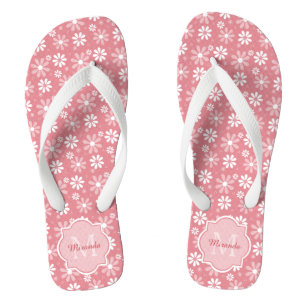 Girly Monogram Cute Pink Daisy Flowers met naam Teenslippers