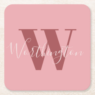 Girly Monogram en Naam roze blush rood Vierkante Kartonnen Onderzetter