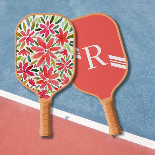 Girly Monogram Initiaal Rode Bloemen Pickleball Paddle