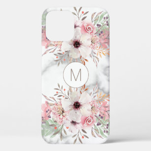 Girly Monogram Marble Waterverf Floral Hoesje-Mate iPhone 12 Hoesje