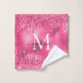 Girly Monogram Metallic Hot Pink Dripping Glitter Bad Handdoek (Wasdoekje)