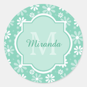 Girly Monogram Mint White Daisy Flowers met naam Ronde Sticker