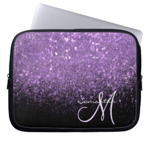 Girly Monogram Paars Glitter Sparkle & Black Laptop Sleeve