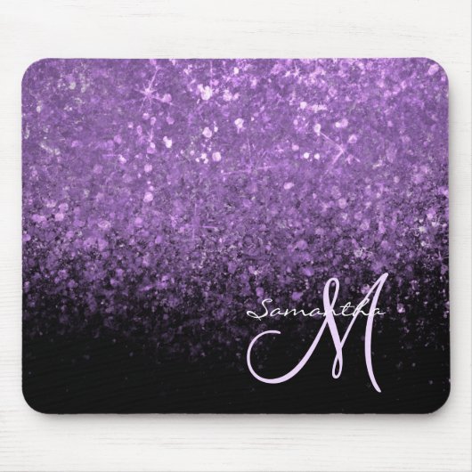 Girly Monogram Paars Glitter Sparkle & Black Muismat (Voorkant)