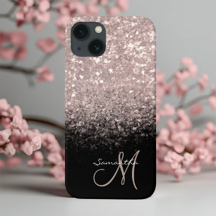 Girly Monogram Roos Gold Glitter & Black iPhone 13 Hoesje