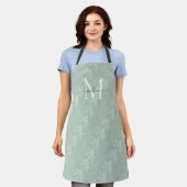 Girly Monogram Script Blauwgroen Groene Bloemen Bo Schort (Gedragen)