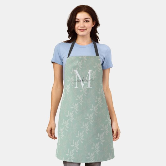 Girly Monogram Script Blauwgroen Groene Bloemen Bo Schort (Gedragen)