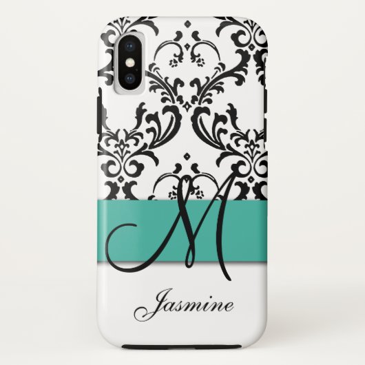 Girly Monogram Turquoise Black Swirls Damask Case-Mate iPhone Case (Achterkant)