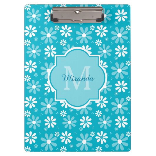 Girly Monogram Turquoise Daisy Flowers met naam Klembord (Voorkant)