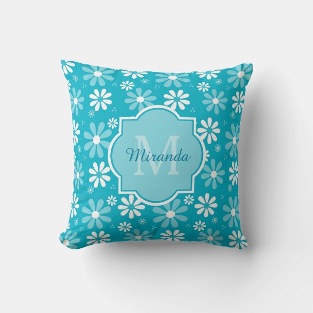 Girly Monogram Turquoise Daisy Flowers met naam Kussen (Voorkant)