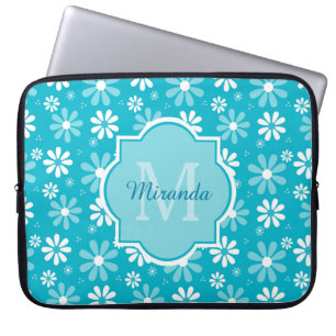 Girly Monogram Turquoise Daisy Flowers met naam Laptop Sleeve