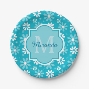 Girly Monogram Turquoise Daisy Flowers met naam Papieren Bordje