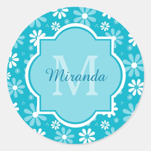 Girly Monogram Turquoise Daisy Flowers met naam Ronde Sticker (Voorkant)