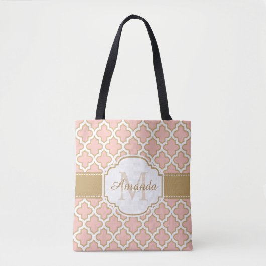 Girly Moroccan Pattern Gold Pink Monogram Draagtas (Voorkant)