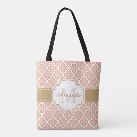 Girly Moroccan Pattern Gold Pink Monogram Draagtas (Achterkant)