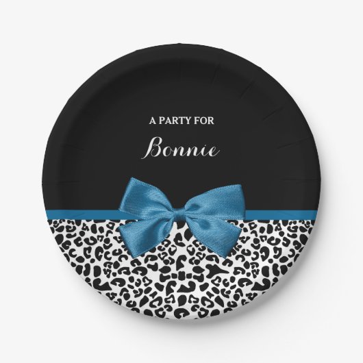 Girly Name Leopard Print Blue Ribbon Bow Papieren Bordje (Voorkant)