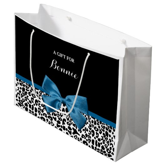 Girly Name Leopard Print  Cobalt Blue Ribbon Large Cadeautasje (Voorkant Gekanteld)