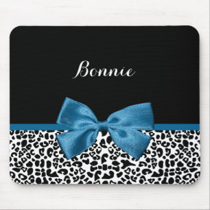 Girly Name Leopard Print Cobalt Blue Ribbon Muismat