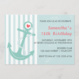 Girly Nautical Anchor Birthday Party Kaart