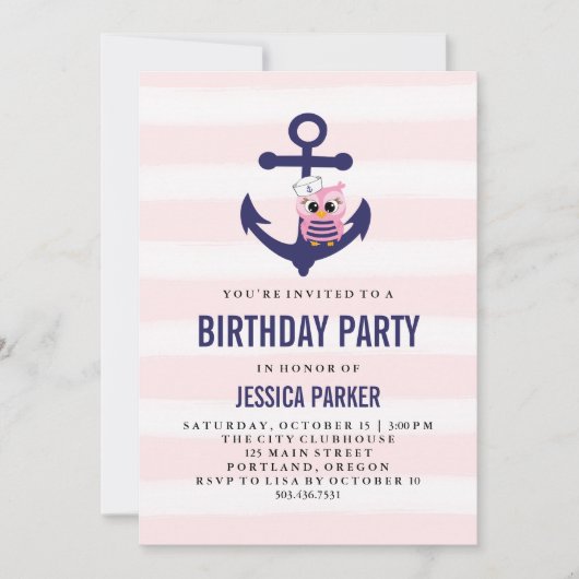 Girly Nautical Anchor met Uil en Stripe Verjaardag Kaart (Voorkant)