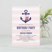 Girly Nautical Anchor met Uil en Stripe Verjaardag Kaart (Staand voorkant)