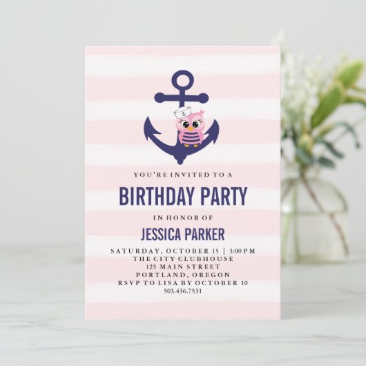 Girly Nautical Anchor met Uil en Stripe Verjaardag Kaart (Staand voorkant)