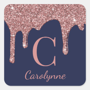 Girly Navy Blauw Blush Roze Sparkle Glitter Drips Vierkante Sticker