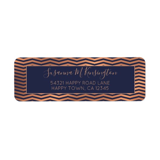 Girly Navy Blue en Copper Roos Gold Foil Chevron Etiket (Voorkant)
