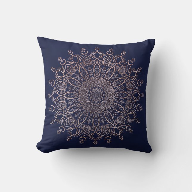 Girly Navy Blue en Roos Gold Mandala Boho Kussen (Voorkant)