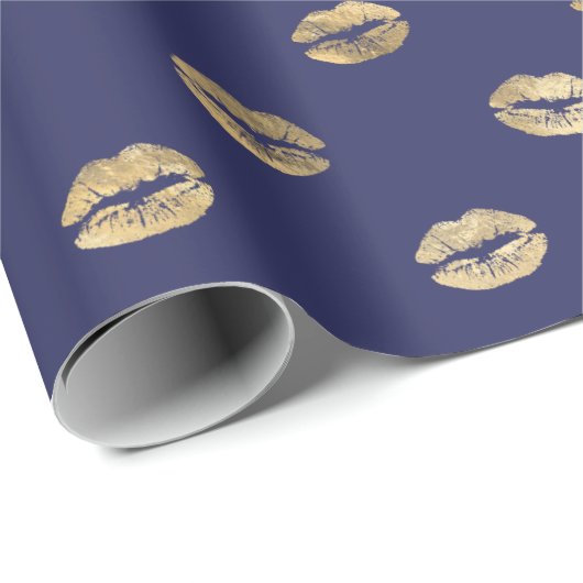 Girly Navy Blue Gold Kiss Lips Pattern Cadeaupapier (Rol Hoek)