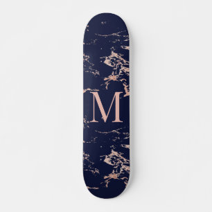 Girly Navy Blue Marble Roos Gold Foil Monogram Skateboard