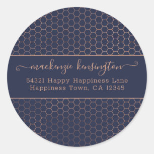 Girly Navy en Roos Gold Foil Hexagon Adres Clas Ronde Sticker