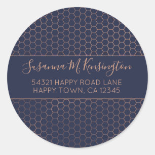 Girly Navy en Roos Gold Foil Hexagon Adres Ronde Sticker