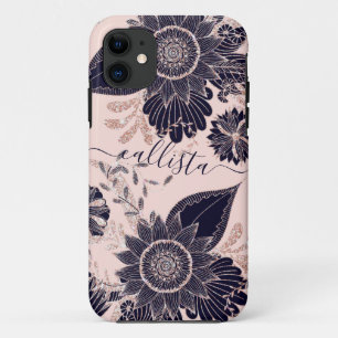 Girly Navy Roos Gold Glitter Floral Illustrations iPhone 11 Hoesje