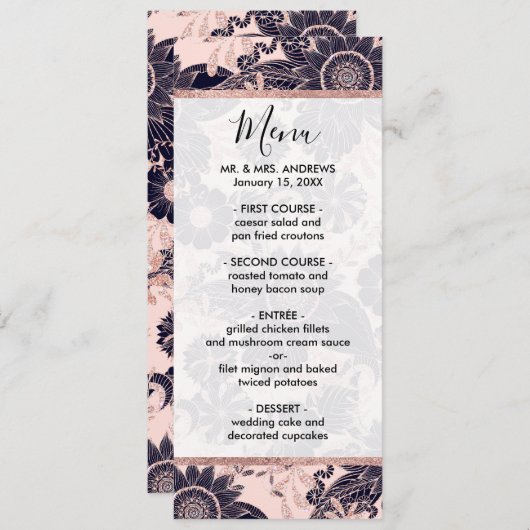 Girly Navy Roos Gold Glitter Floral Illustrations Menu (Voorkant / Achterkant)