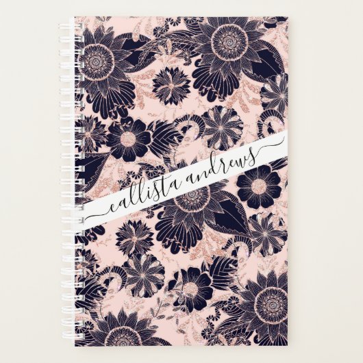 Girly Navy Roos Gold Glitter Floral Illustrations Planner (Voorkant)