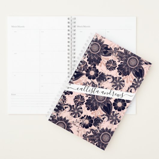 Girly Navy Roos Gold Glitter Floral Illustrations Planner (Display)