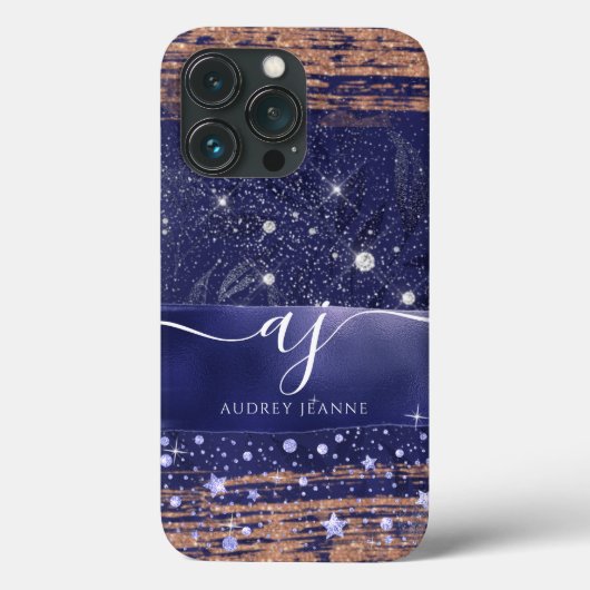 Girly Navy Roos Gold Glitter Stars Foliage Script Case-Mate iPhone Case (Achterkant)