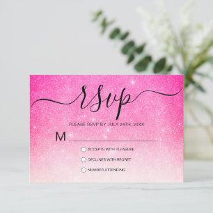 Girly Neon Pink White Glitter Ombre RSVP Kaartje