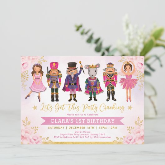 Girly Nutcracker Winter Blush Gold Floral Birthday Kaart (Staand voorkant)