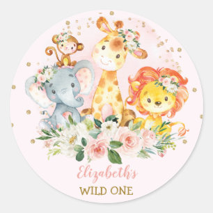 Girly Oerwoud Safari Animals Wild One Baby shower Ronde Sticker